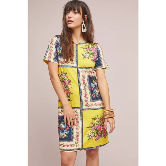 Farm Rio Anthropologie Regal Floral Patchwork Dress Yellow Multicolor XS Petite - Picture 1 of 7